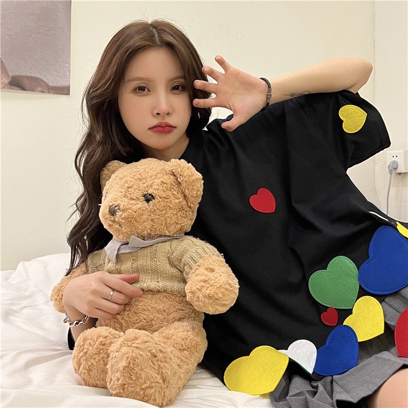 Áo thun ZHELIHANGFEI vải cotton tay ngắn dáng rộng in hình trái tim dễ thương dành cho nữ