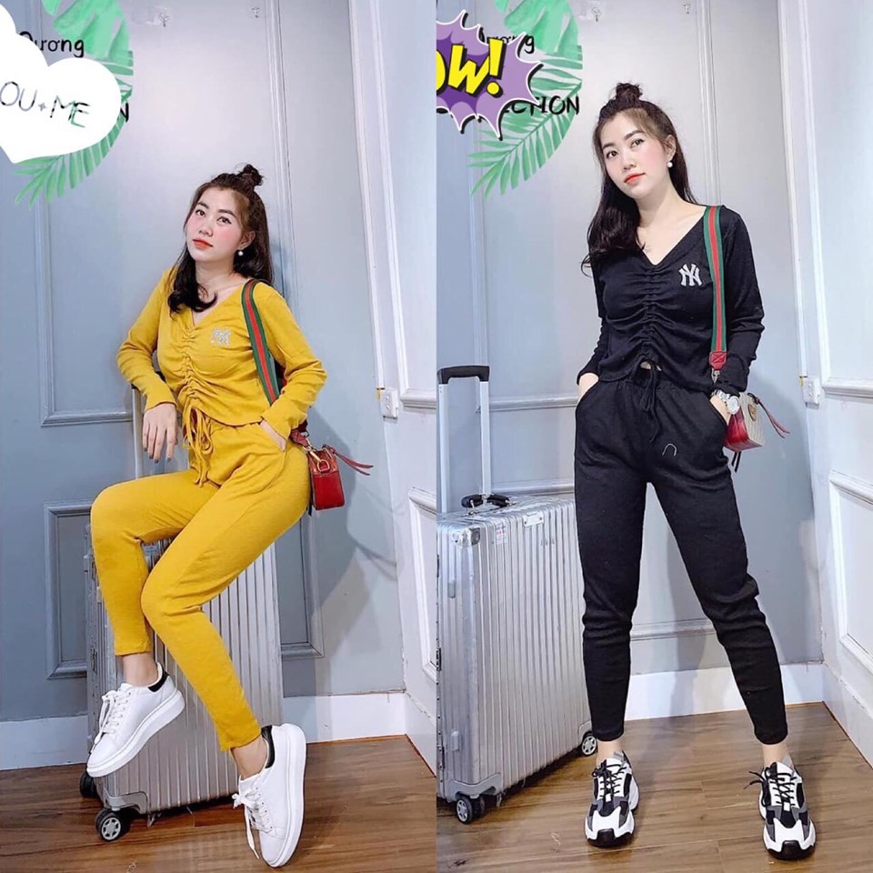 Bộ thể thao nữ thu đông rút dây ngực cá tính cao cấp MH8 chất vải len tăm