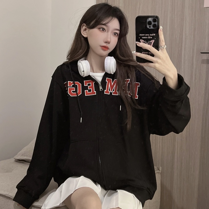 ZHELIHANGFEI Áo Hoodie Tay Dài Form Rộng Họa Tiết Thêu Theo Phong Cách Preppy Mỹ