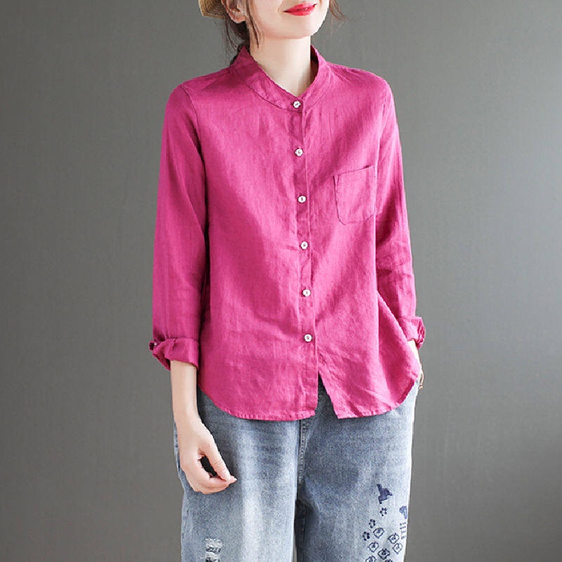 Áo Sơ Mi cotton Lanh Tay Dài Dáng Rộng Màu Sắc Đơn Giản Phong Cách Retro Cho Nữ