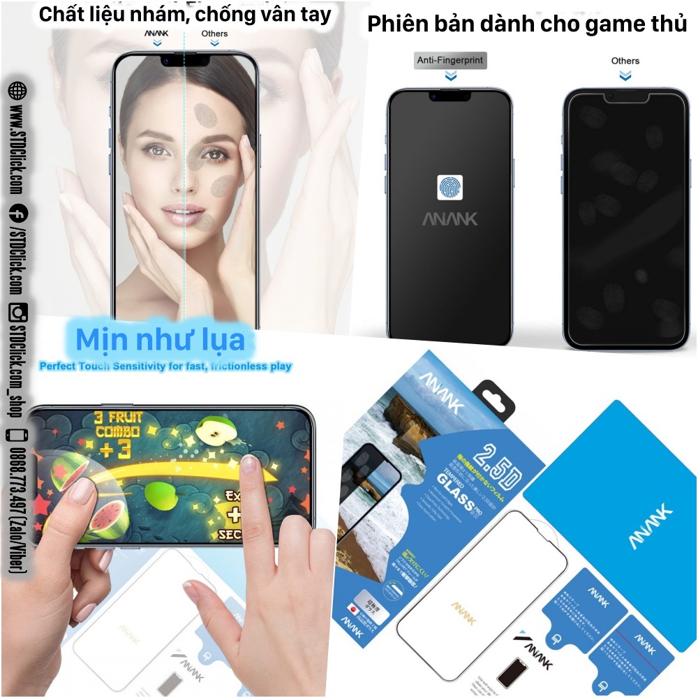 KÍNH CƯỜNG LỰC CHỐNG VÂN TAY IPHONE 14 PRO MAX - 14 PRO - 14 PLUS - 14 - 13 PRO MAX - 13 MINI ANANK VIỀN 2.5D CHÍNH HÃNG
