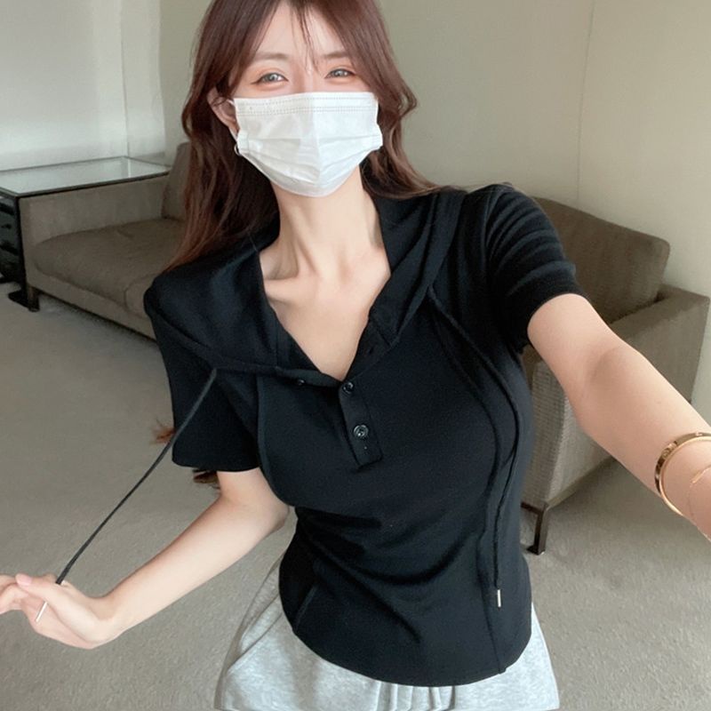 COZOK Áo Thun Tay Ngắn Có Nón Màu Sắc Thời Trang Dành Cho Nữ