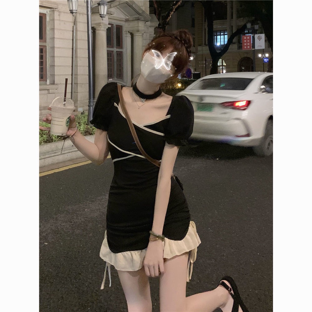 Đầm ngắn mỏng khoe eo cột dây màu phong cách hot girl kiểu Pháp mùa hè cho nữ hơi mũm mĩm