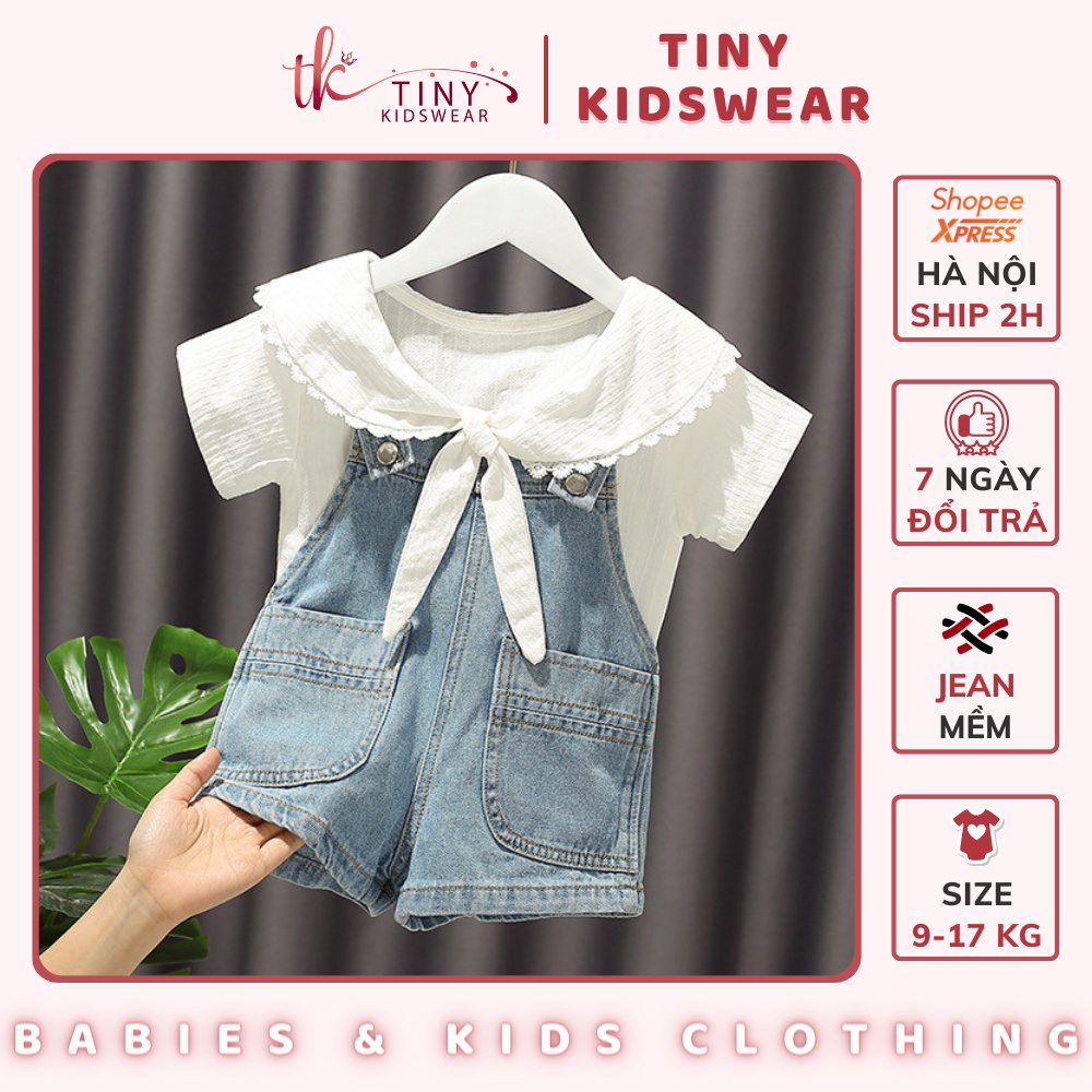 Set Bộ Đồ Yếm Jean Đùi, Sơ Mi Ngắn Tay Cổ Sen Cho Bé Gái Từ 9-17kg [GS6]