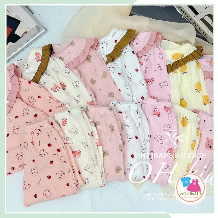 Bộ dài tay cổ bèo đính nơ cho bé gái vải xô muslin cao cấp, bộ thu đông họa tiết xinh xắn cho bé từ 8kg đến 18kg BBG09