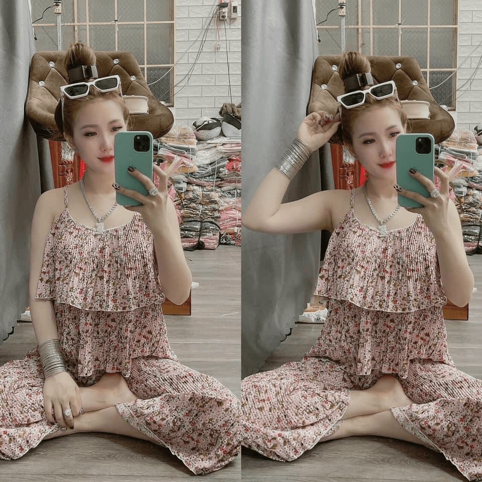 Sét Bộ Đi Chơi, Mặc Nhà Áo Hai Dây Kết Hợp Quần Dài Ống Rộng Vải Hoa Chất Lụa Dập Ly Mặc Mát Đẹp Dáng Xinh [NEW UNISEX]