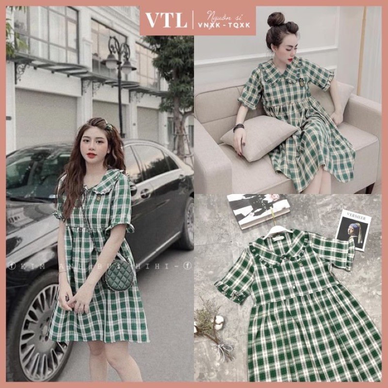 VÁY KẺ XANH BABYDOLL CARO THÊU HÌNH DỄ THƯƠNG