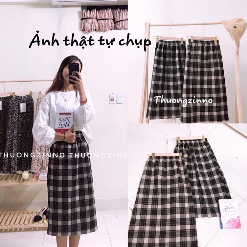 Chân váy dài chất dạ Quảng Châu Chân váy kẻ caro dáng suông vintage phong cách Hàn Quốc *