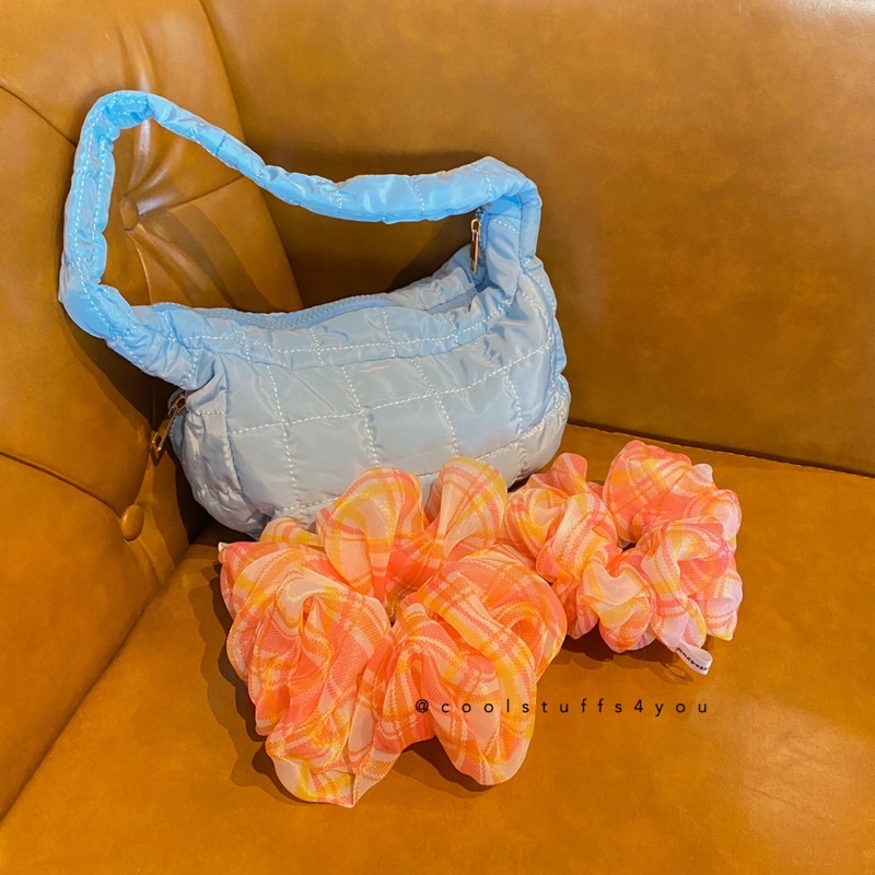 Buộc Tóc Scrunchies Voan Phồng Sọc Vàng Cam