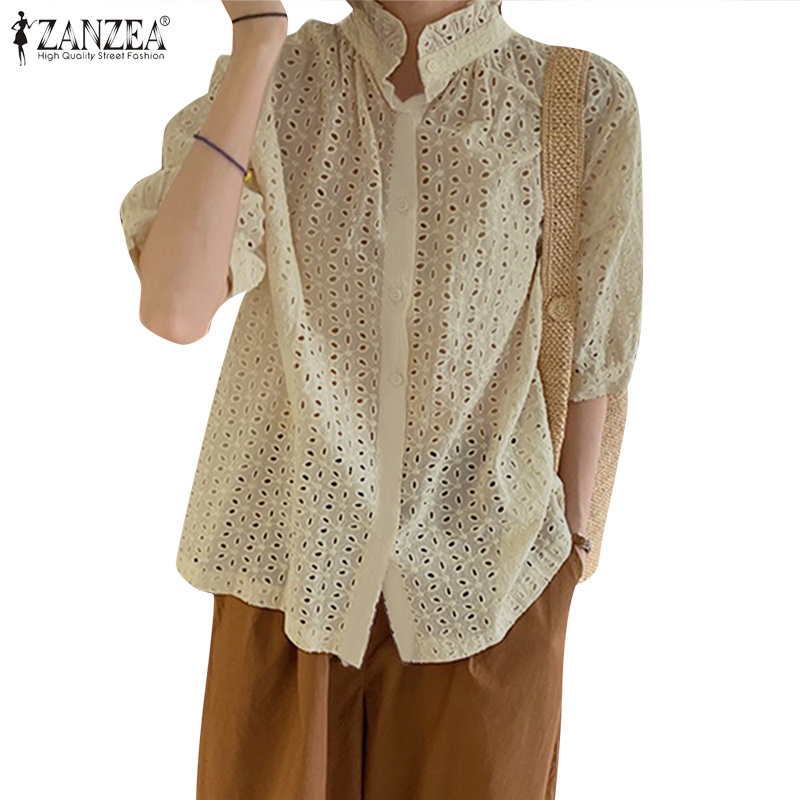 Zanzea Áo Kiểu Tay Ngắn Cổ Đứng Phối Bèo Và Nút Thời Trang Cho Nữ