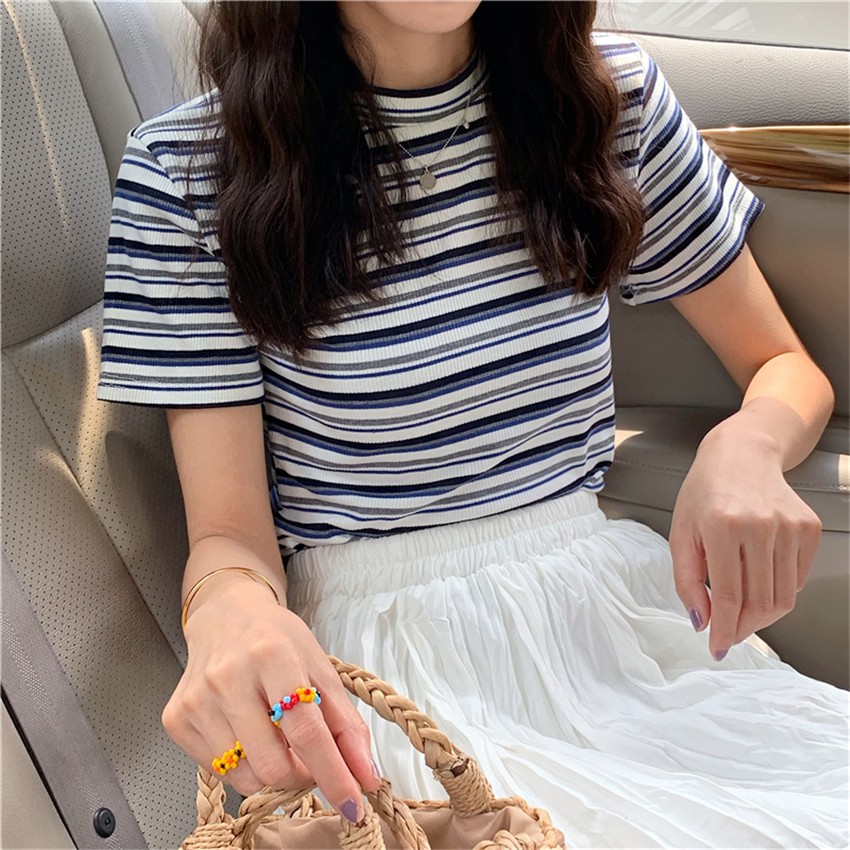 Áo thun dệt kim SUXI dáng ôm tay ngắn họa tiết sọc cầu vồng phong cách Hàn Quốc
