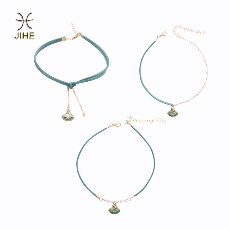 【JIHE】 choker Dây chuyền mặt hình vỏ sò màu xanh dương phong cách Nhật Hàn thời trang