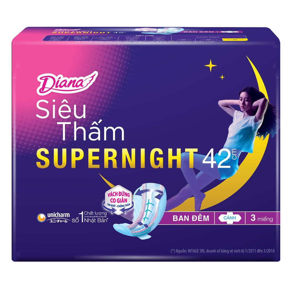 Combo 6 Băng vệ sinh Diana Siêu thấm Supernight 42cm 3 miếng/gói x6