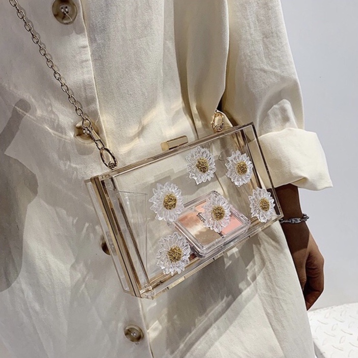 {HÀNG CÓ SẴN + ẢNH THẬT} TÚI HỘP TRONG SUỐT HOA CÚC - TÚI XÁCH NỮ CẦM TAY CLUTCH ĐI TIỆC