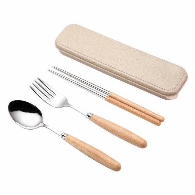 Bộ Thìa Đũa Dĩa Lúa Mạch Cán Gỗ Inox Có Hộp Đựng Cao Cấp