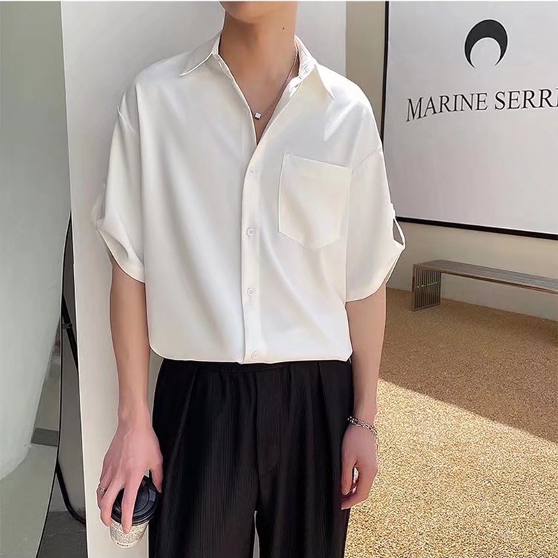 Áo Sơ Mi Mỏng Tay Ngắn Dáng Rộng Cài Nút Co Giãn Màu Trơn Thời Trang Mùa Hè Chất Lượng Cao Phong Cách Hàn Quốc Cho Nam 2022