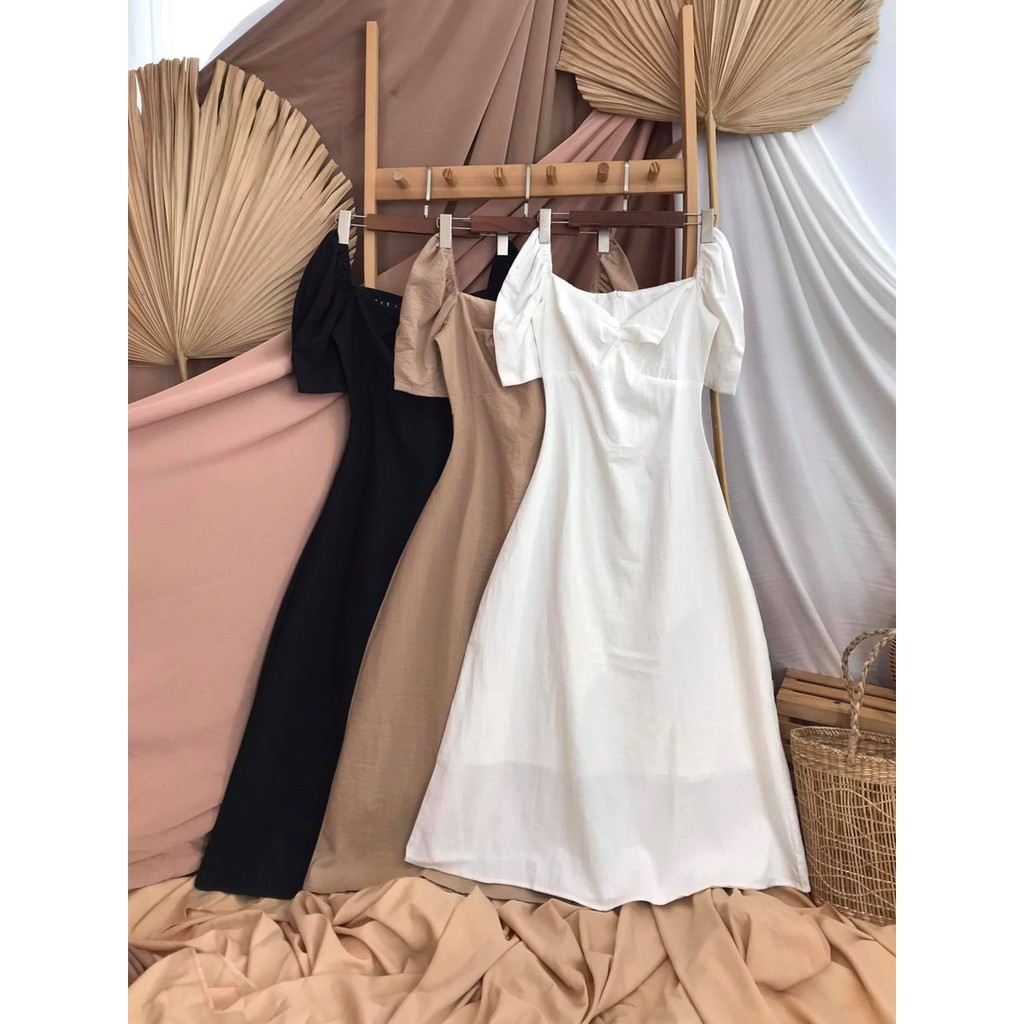 Đầm Xòe Xoắn Ngực Tay Phồng Chất Linen Form Dài Công Sở / Đi Tiêc Sang Trọng Màu Trắng