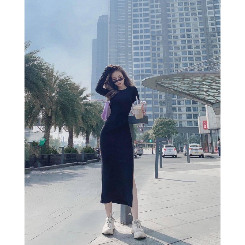 Đầm Body Tay Dài Xẻ Tà Cổ Tròn Dáng Ôm Chất Borip  Sexy Dáng Dài Qua Gối Mati House  - YD18629ât