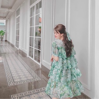 Váy voan tơ xanh pastel màu lá xếp tầng tay bồng