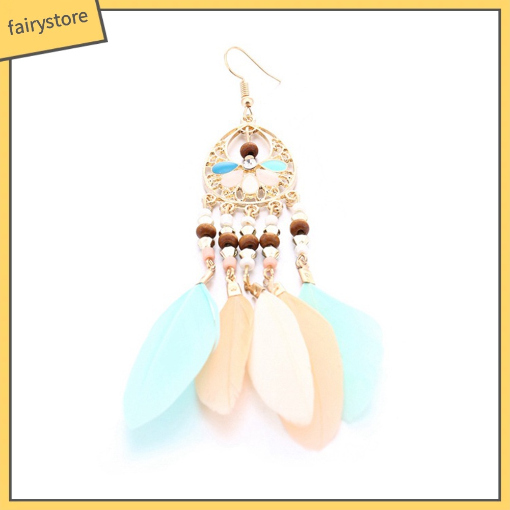 Hoa Tai Dáng Dài Phối Lông Vũ Phong Cách Bohomian