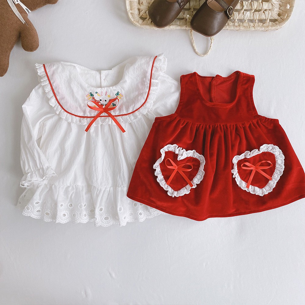 Set váy đầm yếm đỏ hình thỏ cho bé gái