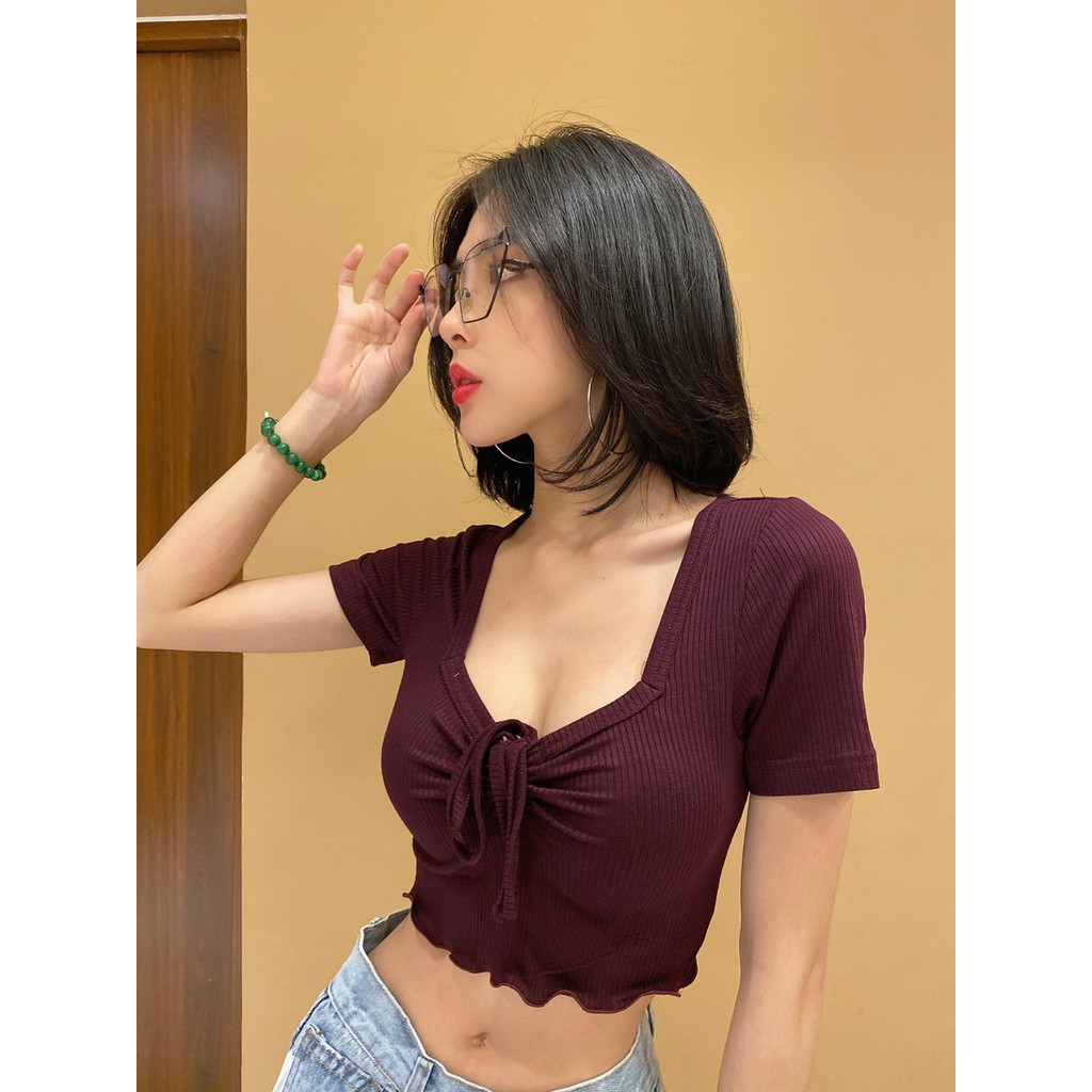 Áo Croptop Tay Ngắn Cổ Vuông Ôm Body Rút Ngực Màu Trơn
