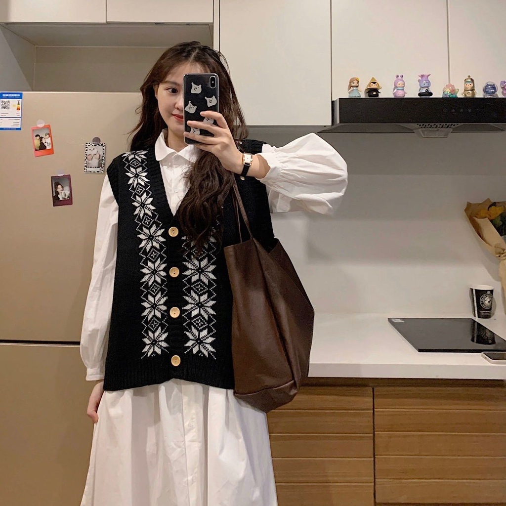 Bộ Áo Khoác Vest Dệt Kim + Đầm Tay Dài Phối Túi Kiểu Hàn Quốc Xinh Xắn Cho Nữ