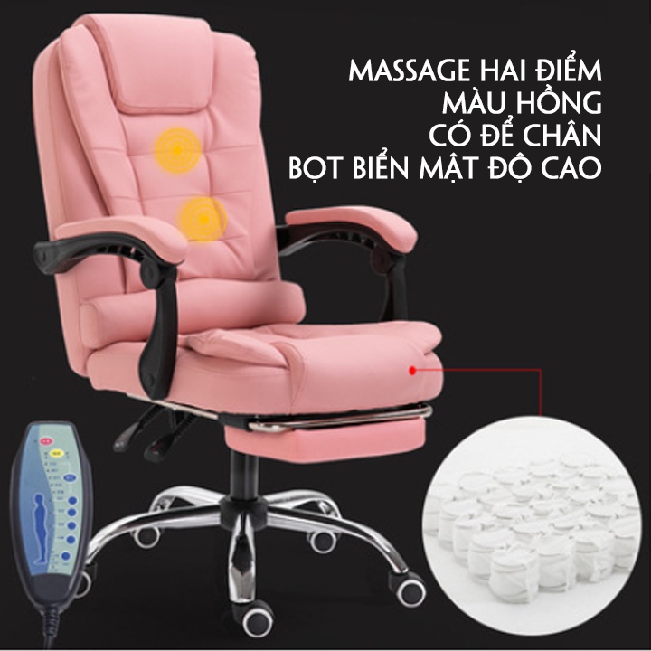Ghế Văn Phòng Hồng Có Mát Xa Ngả Lưng, Ghế Làm Việc Hồng Bọc Da Cao Cấp Chân Xoay