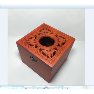 HỘP ĐỰNG GIẤY ĂN GỖ HƯƠNG KHỔ VUÔNG ELAI CHẠM ĐỤC CON RƠI - ẢNH THẬT