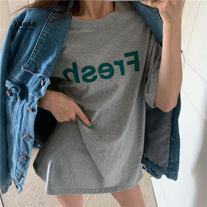 Áo thun SUXI dáng rộng in chữ phong cách Hàn Quốc cho nữ