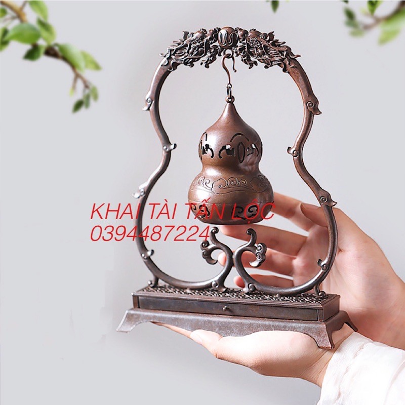 Lư xông trầm hồ lô treo song long tranh châu phong thủy bằng đồng
