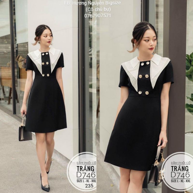 60-90kg Bigsize Đầm phối cổ trắng D746