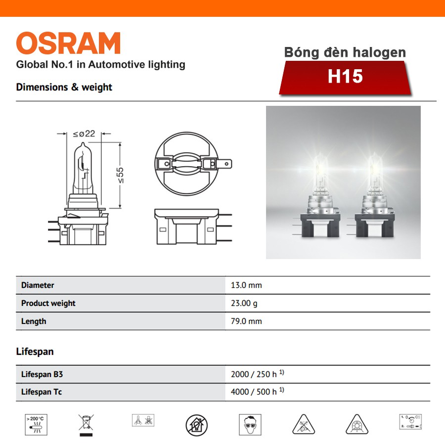 [Mã BMBAU300 giảm 10% đơn 499K] Bóng Đèn Halogen OSRAM Original H15 12V 15/55W Nhập Khẩu Chính Hãng