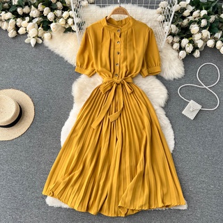 Đầm Chiffon Dài Xếp Li Cài Nút Nhấn Eo Phối Bèo Thời Trang Cho Nữ