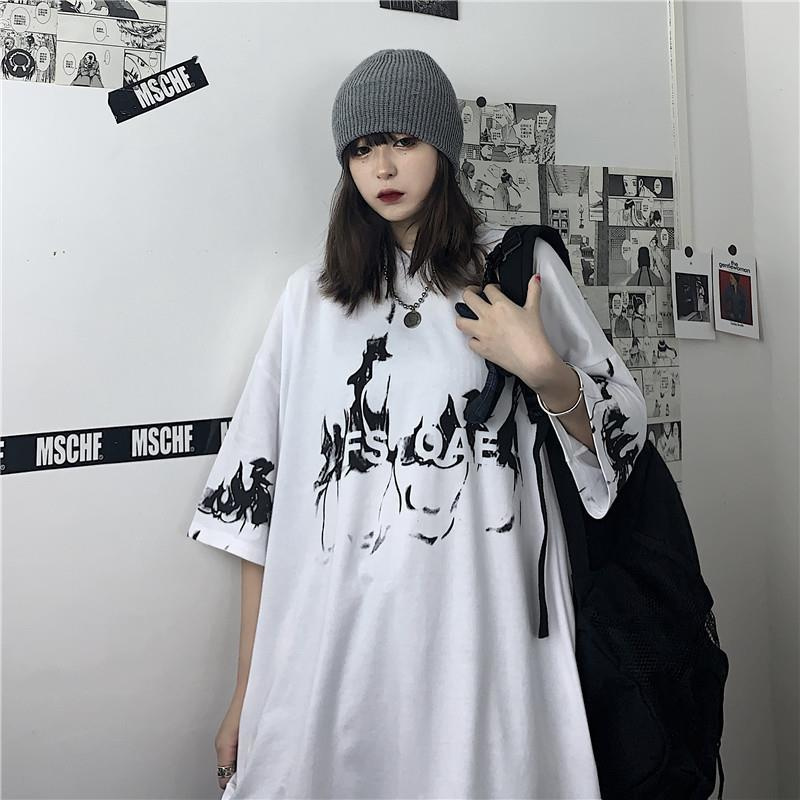 Short sleeve T-shirt women's summer Korean version ins Harajuku style retro flame print loose base shirt with white top inside