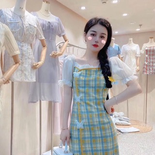 Váy kẻ tay bồng nơ bướm