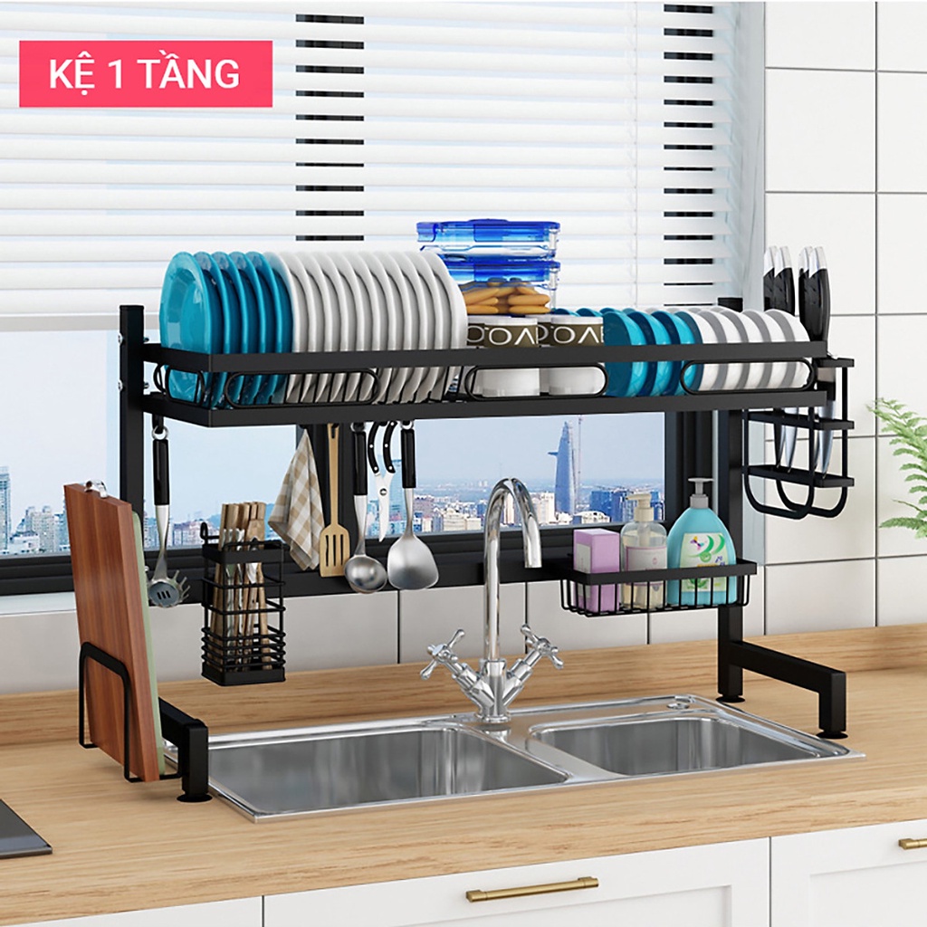 Kệ Để Bát Đĩa 1 Tầng Thép Carbon Đa Năng Giá Để Đồ Chén Đĩa Trên Bồn Rửa Bát Sơn Đen Cao
