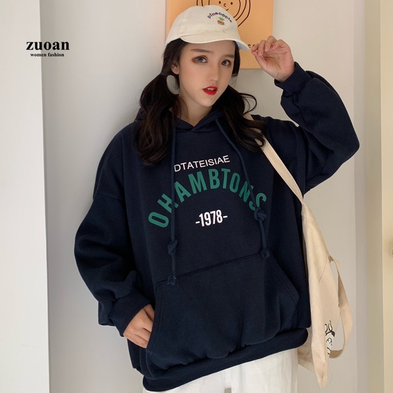 SUXI Áo Hoodie Nữ Tay Dài Dáng Rộng In Chữ Phong Cách Hàn Quốc