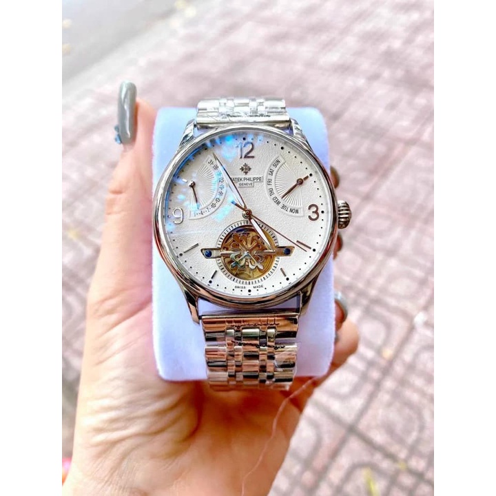 Đồng hồ Nam Patek 6kim máy nhật vàng dòng cơ Automatic size 40mm vỏ trắng mặt trắng có lịch thứ ngày