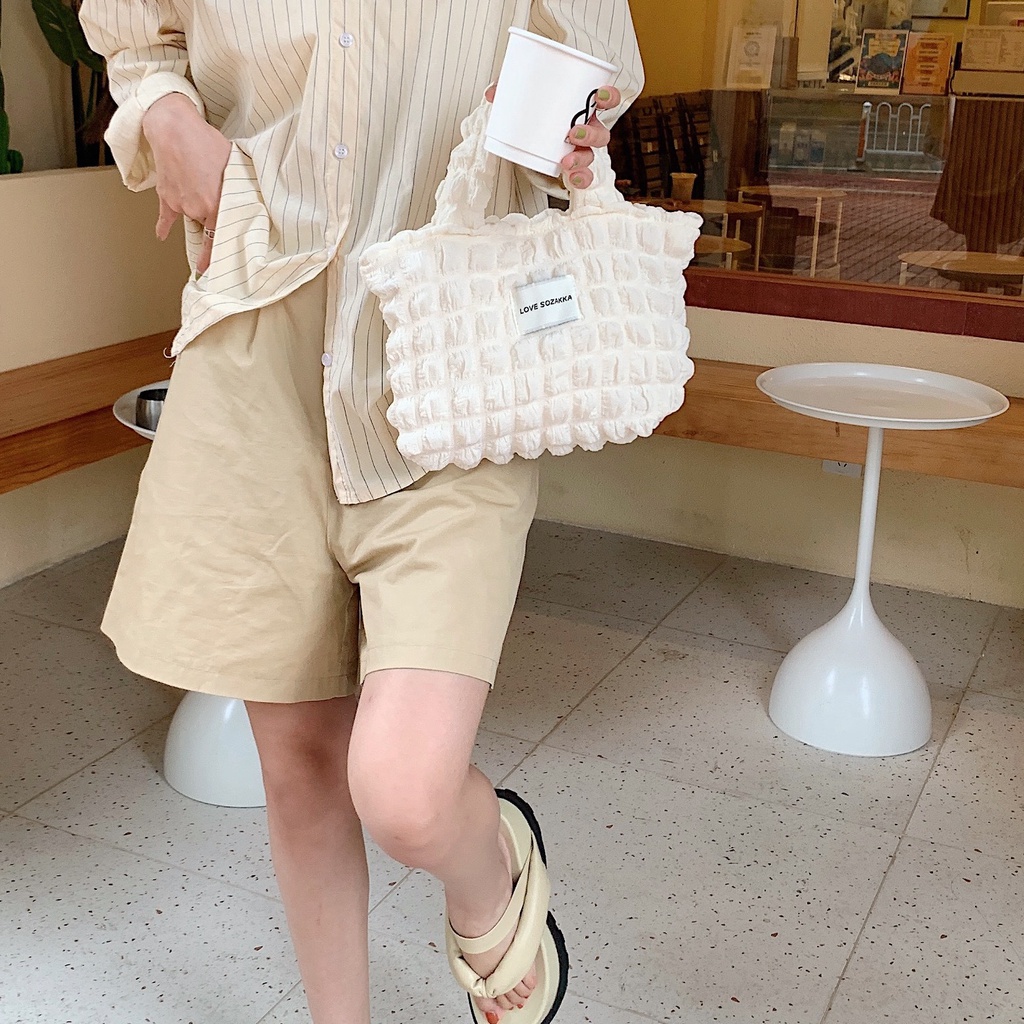 Túi cầm tay vải xốp, túi tote mini phong cách Hàn Quốc