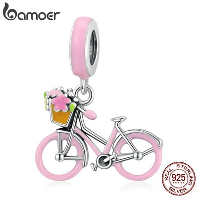 Hạt trang sức Bamoer Scc1975 chốt bạc 925 hình chiếc xe đạp màu hồng với lỗ gắn 4.5mm chuyên dụng làm đồ trang sức DIY