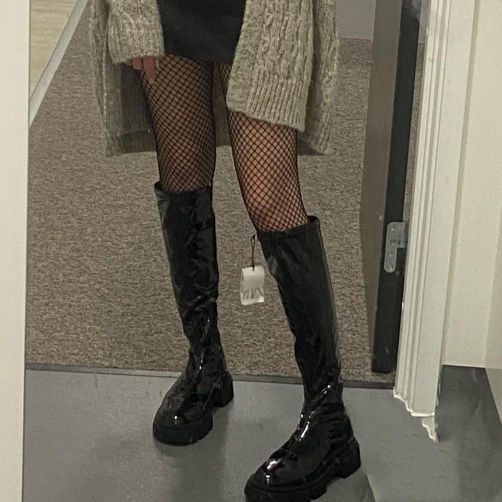 Giày Bốt Da Bóng Za2021 Co Giãn Tốt Đế Bằng Phối Khóa Kéo Bên Hông Thời Trang Mùa Thu Cá Tính