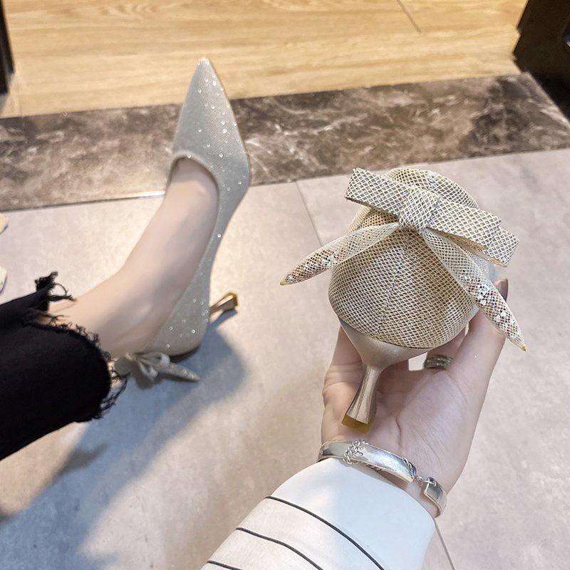 ♝Single shoes female autumn new style temperament bow mid-heel stiletto high heels fairy women s wedding bridesmaid