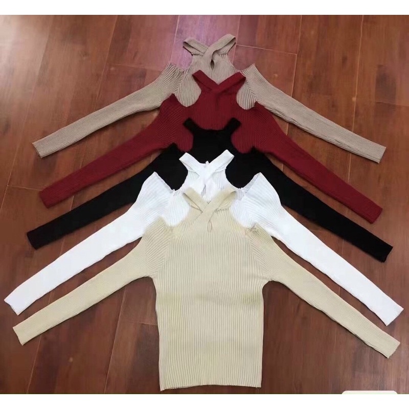 Áo len nữ dệt kim dài tay cổ yếm hở vai sexy phong cách HQ | BigBuy360 - bigbuy360.vn