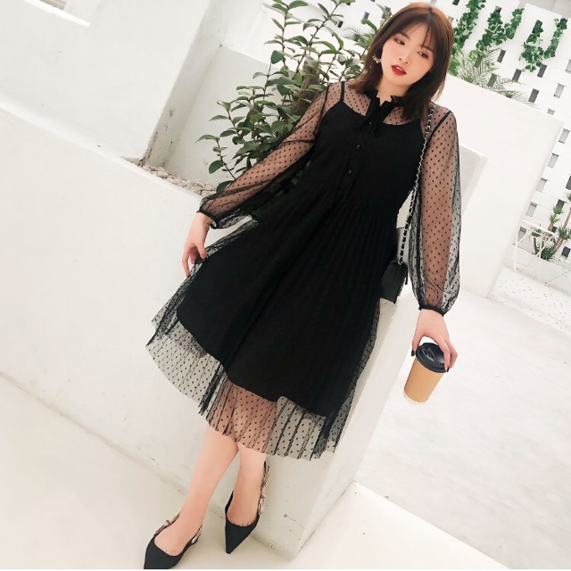 Đầm maxi big size màu đen phối ren bi size ngoại cỡ 65-90kg