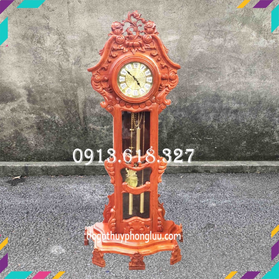 Đồng Hồ Cây Quả Lắc Phòng Khách Hoa Hồng Gỗ Hương Cao 181,205cm