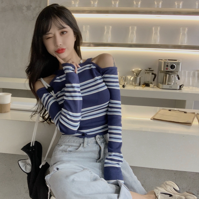 Áo Croptop Xiaozhainv Tay Dài Hoạ Tiết Kẻ Sọc Phong Cách Hàn Quốc