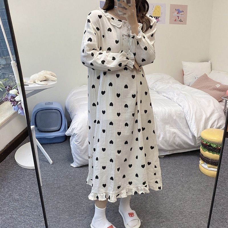 Đầm ngủ cotton tay dài họa tiết trái tim phong cách Hàn Quốc thoải mái cho nữ
