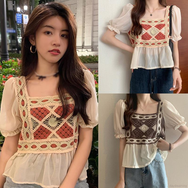 Áo kiểu tay phồng ngắn thêu họa tiết khoét lỗ phong cách vintage xinh xắn cho nữ