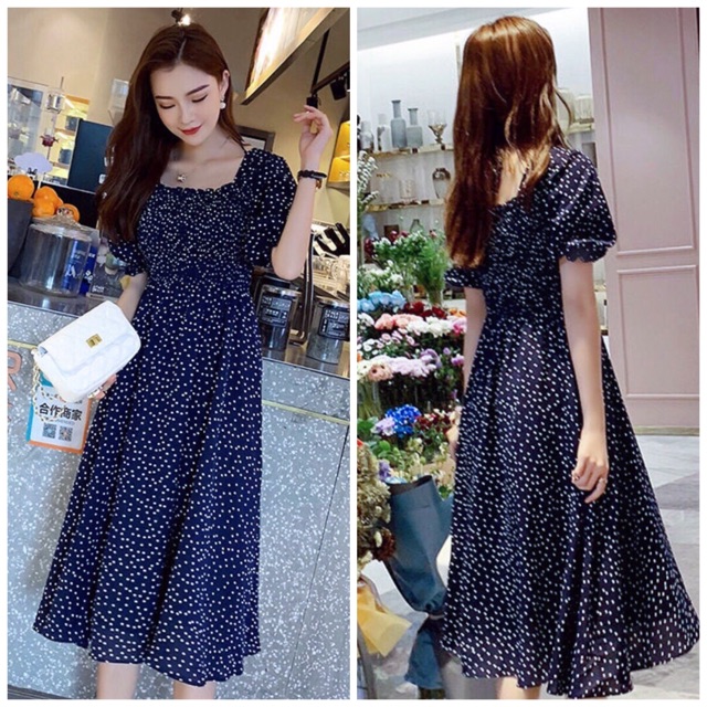 Đầm bi xanh rối cổ U (kèm hình thật)